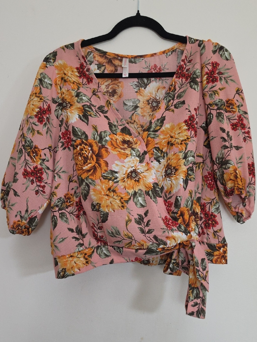 Xhilaration Pink Floral Wrap Blouse with Tie